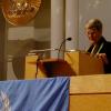 Julia Morton-Marr addresses the International Day of Peace audience in the Mississauga city council chambers, September 1999.